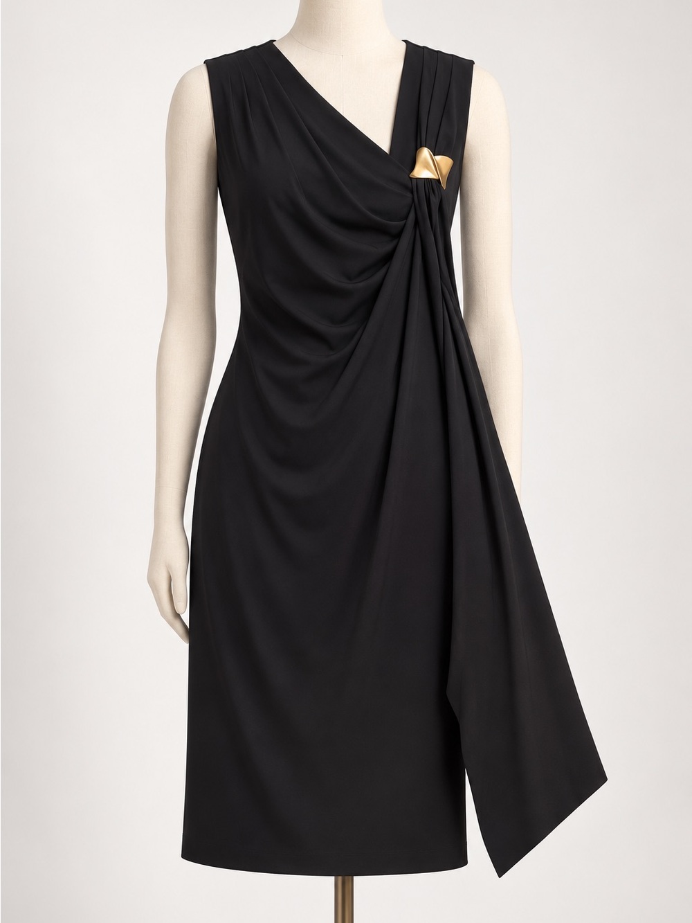 Donna Karan Black Midi Dress with Gold Accent Pin